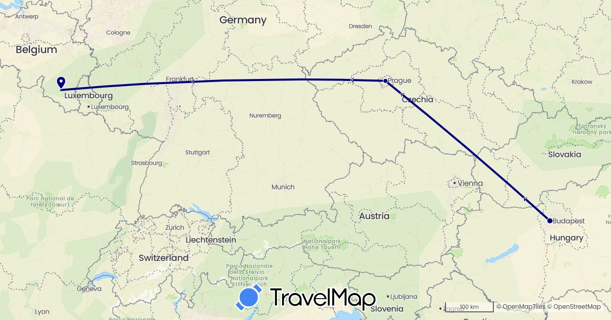 TravelMap itinerary: driving in Belgium, Czech Republic, Hungary (Europe)